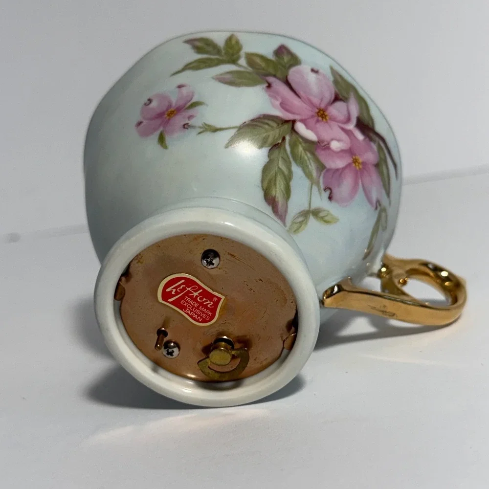Vintage Lefton China Musical Teacup Pink Floral Gold Trim Footed Porcelain Japan